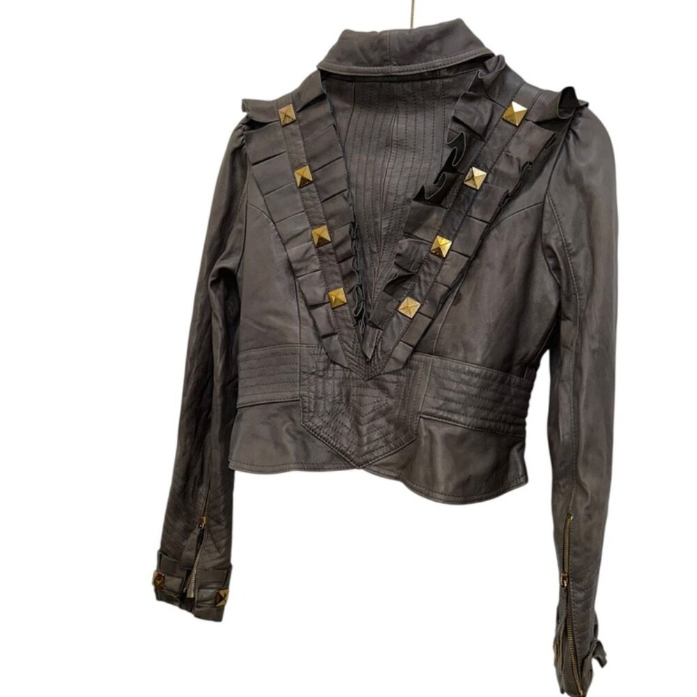Temperley of London gray leather ruffle studs detail jacket 8 - Picture 3 of 5